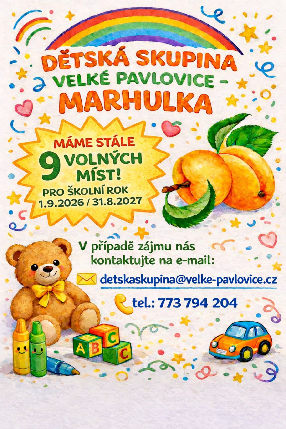 Dětská skupina MARHULKA. Máje ještě 9 míst pro školní rok 2026/2027