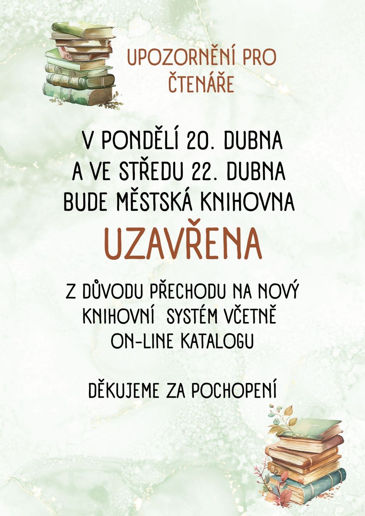 Uzavření knihovny * 20. a 22. dubna 2026