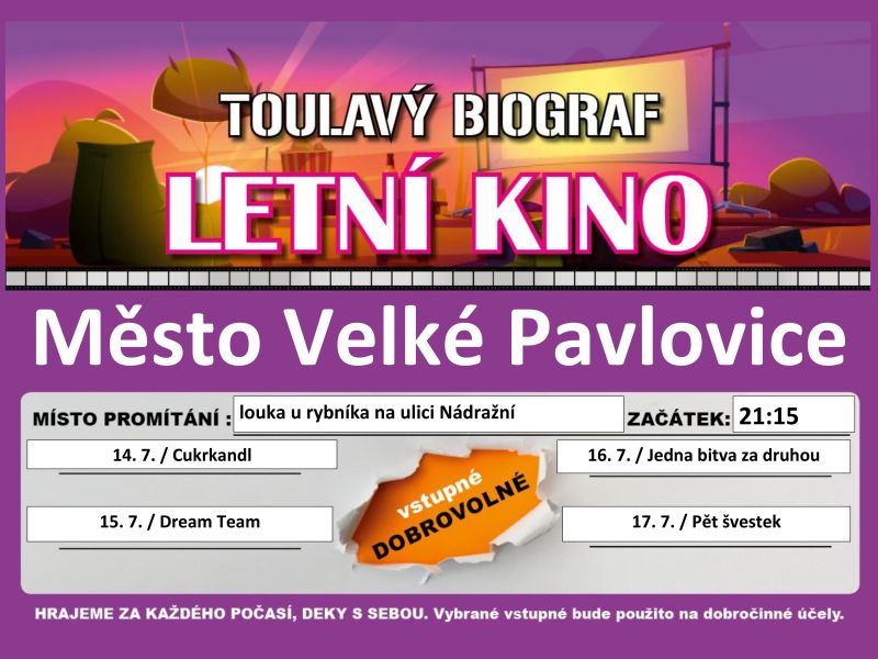 LETNÍ KINO na louce u rybníka. Zapište 14. až 17. července 2026