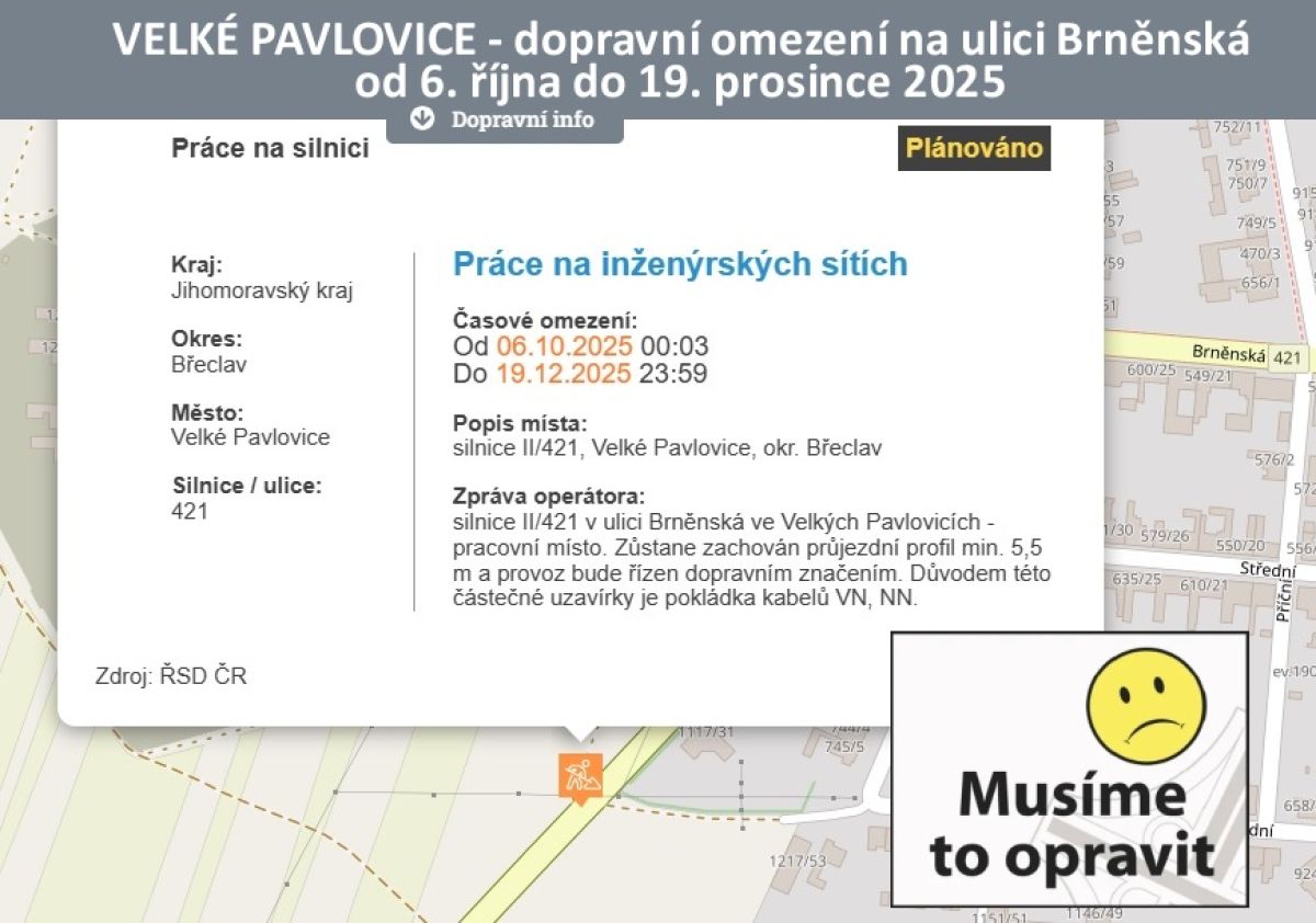 Oznámení o omezení dopravy na ulici Brněnská od 6. října do 19. prosince 2025